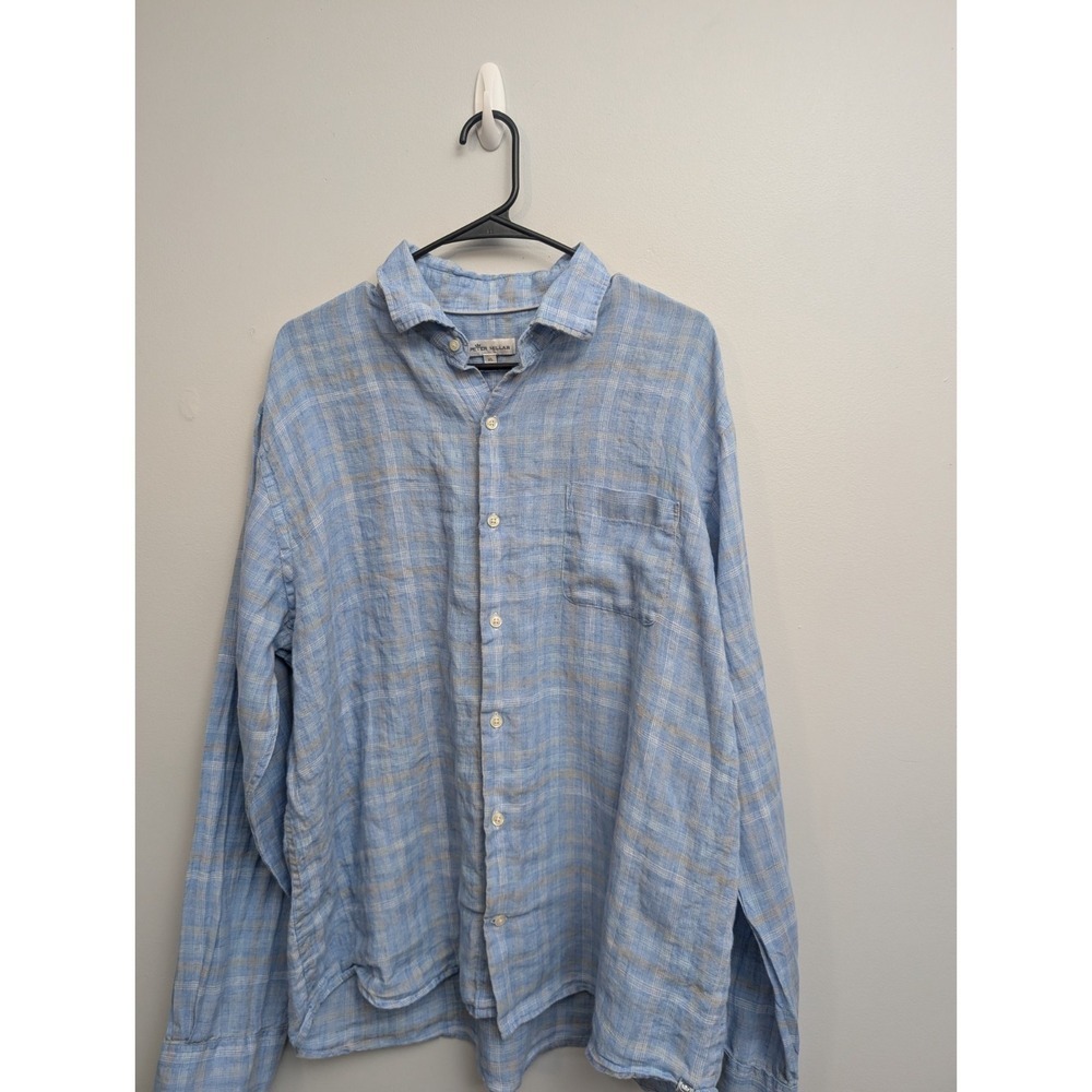 D3 Peter Millar Shirt Mens XL Blue White Tan Plaid Button Up Long Sleeve